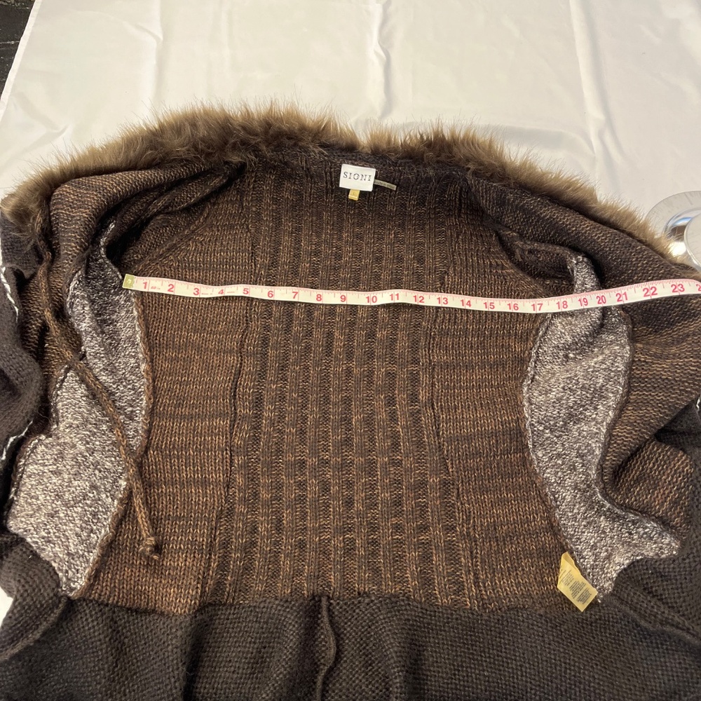 Sioni Faux Fur Trim Knit Cardigan Sweater Size L Brown Boho - Picture 8 of 8